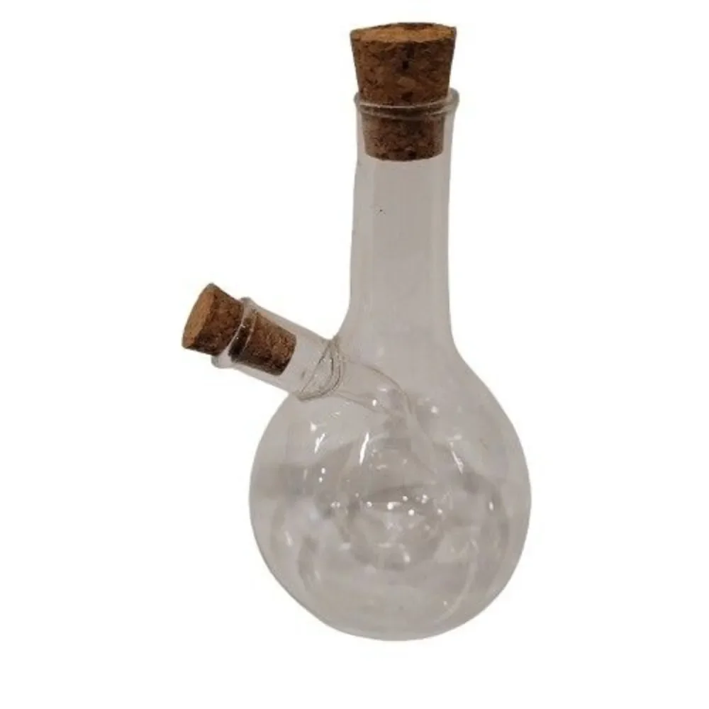 Glass Oil & Vinegar Cruet / Dual Chamber with Cork Stoppers / Glass Insert